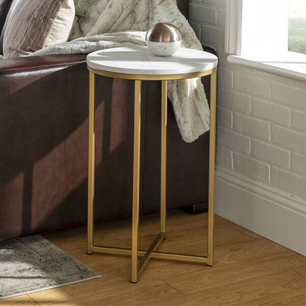 Alissa Faux White Marble and Gold Metal X-Leg Side Table, Set of Two, image 1
