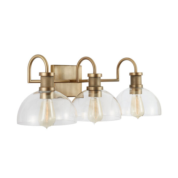 Aged Brass Three-Light Bath Vanity with Clear Glass, image 4