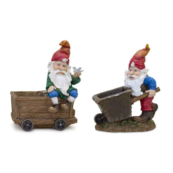 Multicolour Resin Gnome with Wheelbarrow and Wagon Decorative Object, Set of Two, image 1