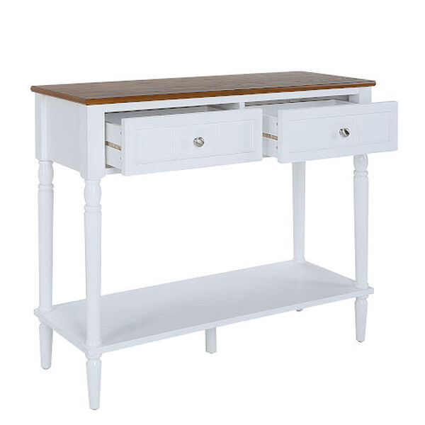 French Country Dark Walnut and White Hall Table with Two Drawers and Shelf, image 4