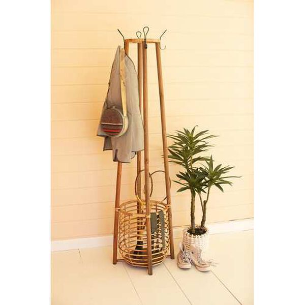Rattan Wood Tall Rattan Coat Rack With Umbrella Basket, image 1