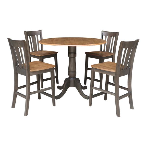 Hickory Washed Coal Round Dual Drop Leaf Counter Height Dining Table with 2 Splatback Stools, 5 Piece Set, image 1