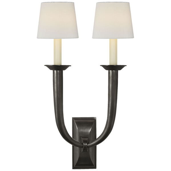 French Deco Horn Double Sconce in Bronze with Linen Shades by Studio VC, image 1