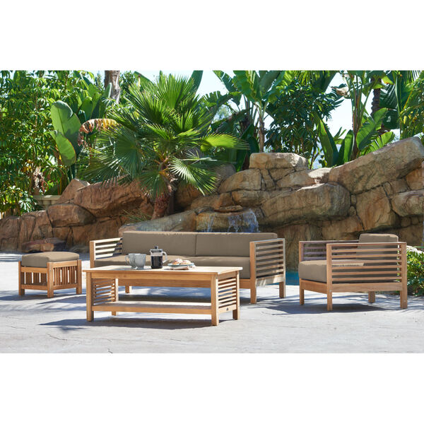 Summer Natural Teak Outdoor Lounge Chair and Ottoman with Sunbrella Fawn Cushion, image 3