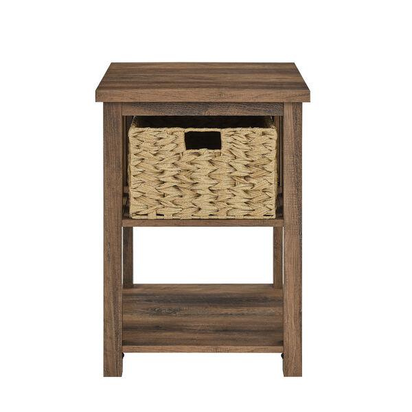 Rustic Oak Storage Side Table with Rattan Basket, image 5
