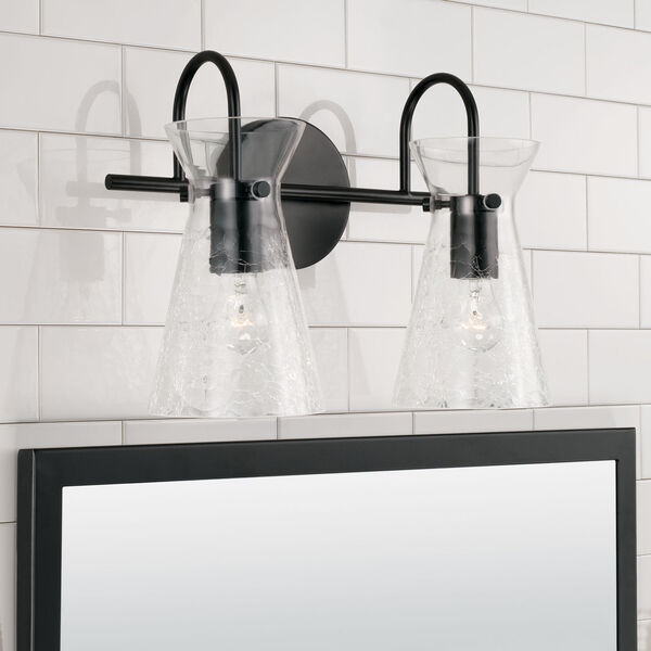 Mila Matte Black Two-Light Vanity with Clear Half-Crackle Glass, image 3