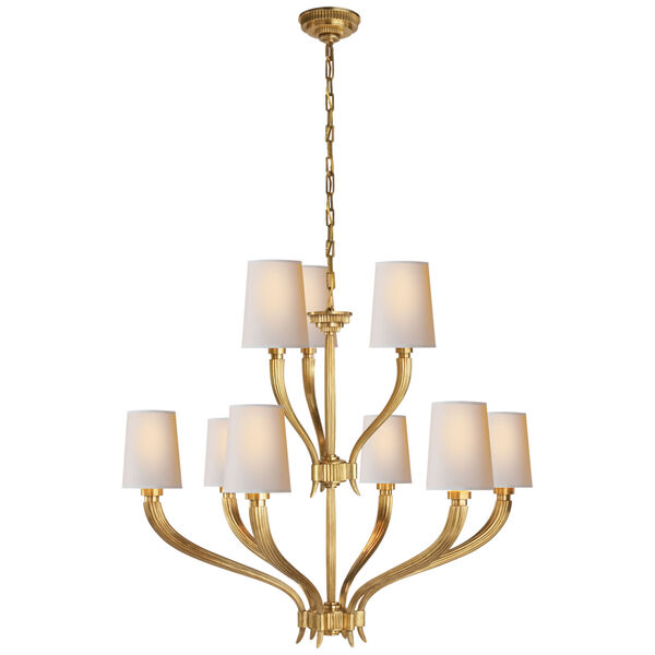 Ruhlmann 2-Tier Chandelier in Antique-Burnished Brass with Natural Paper Shades by Chapman and Myers, image 1