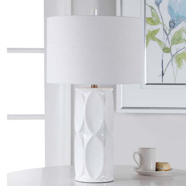 Sinclair Glossy White One-Light Table Lamp with Round Drum Hardback Shade, image 3