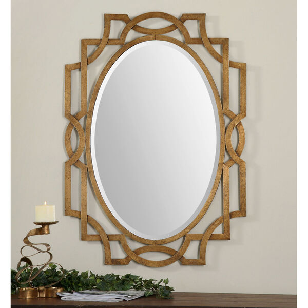 Margutta Forged Metal with Antiqued Gold Leaf Oval Mirror, image 1