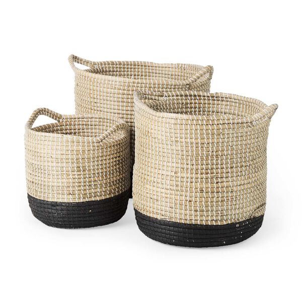 Maddie Brown and Black Dipped Seagrass Basket with Handle, Set of 3, image 1