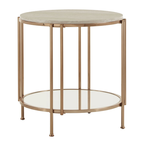 Koga Champagne Gold 23-Inch End Table with Faux Marble Top and Mirrored Bottom, image 1