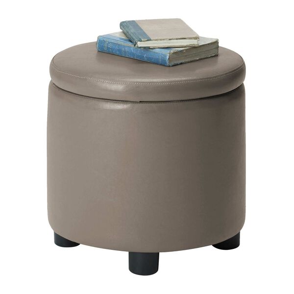 Designs4Comfort Taupe Gray Faux Leather Round Accent Storage Ottoman, image 5