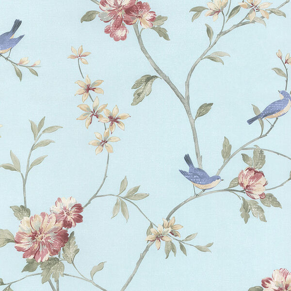Floral Bird Sidewall Turquoise, Pink and Beige Wallpaper, image 1