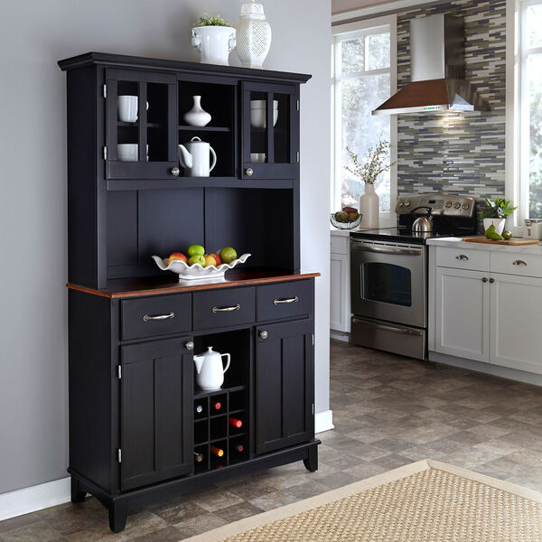 Black Buffet with Two Door Hutch and Cherry Wood Top, image 2