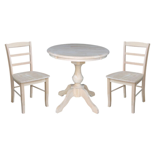 Unfinished 30-Inch Curved Pedestal Dining Table with Two Madrid Chairs, image 1