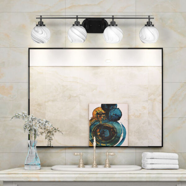 Odyssey Matte Black Four-Light Bath Vanity with Six-Inch Onyx Swirl Glass, image 2