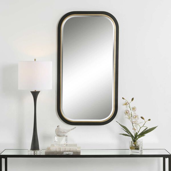 Nevaeh Satin Black and Gold Curved Rectangle Wall Mirror, image 1