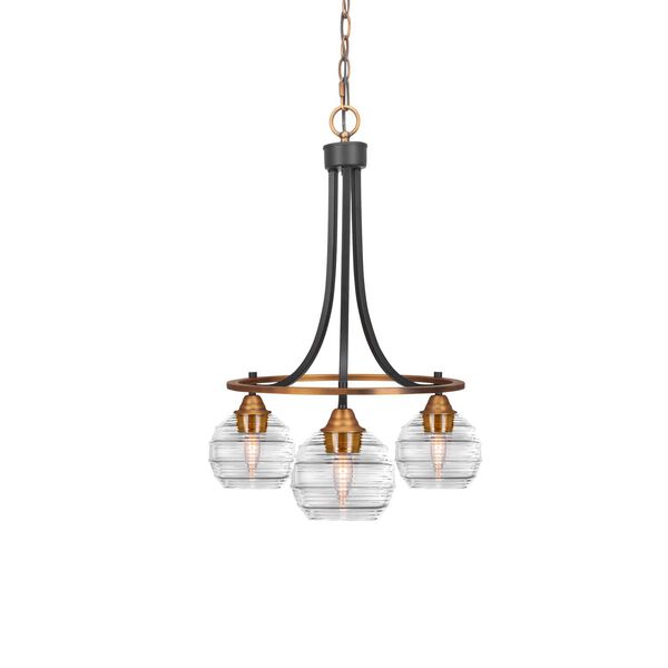 Paramount Matte Black Brass Three-Light Chandelier with Clear Ribbed Glass, image 1