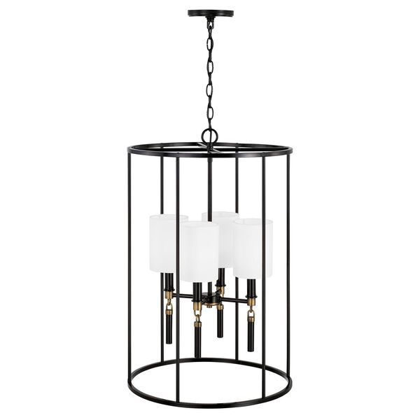 Beckham Glossy Black and Aged Brass Four-Light Cage Foyer with White Fabric Stay Straight Shades, image 3