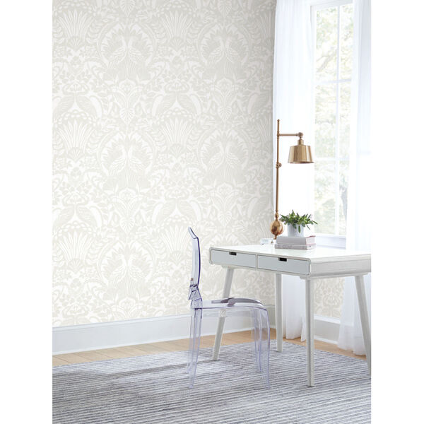 White and Cream 27 In. x 27 Ft. Egret Damask Wallpaper, image 1