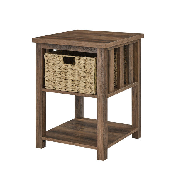 Rustic Oak Storage Side Table with Rattan Basket, image 1