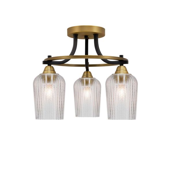 Paramount Matte Black and Brass Three-Light Semi-Flushe with Clear Textured Glass, image 1