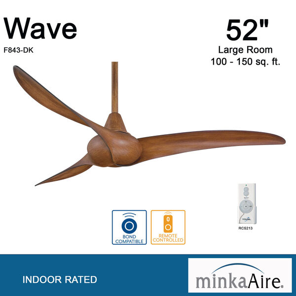 Wave 52-Inch Ceiling Fan with Three Blades in Distressed Koa Finish, image 10