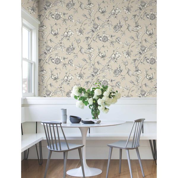 Passion Flower Toile Beige Wallpaper, image 3