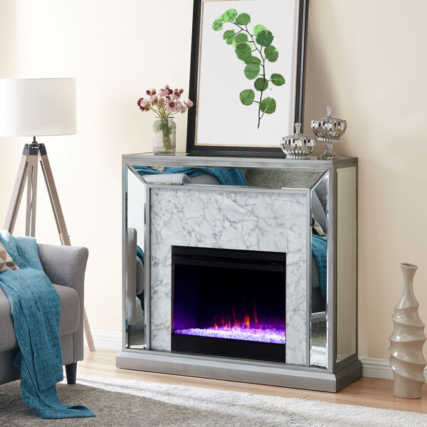 Trandling Antique Silver Mirrored Faux Stone Electric Fireplace with Color Changing Firebox, image 4