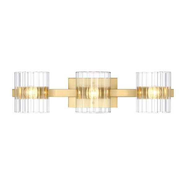 Aries Brushed Gold Three-Light Bath Vanity with Ribbed Glass Shades, image 1