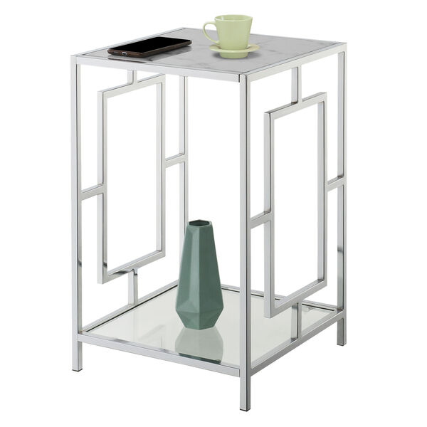 Town Square White Faux Marble and Chrome End Table with Shelf, image 3