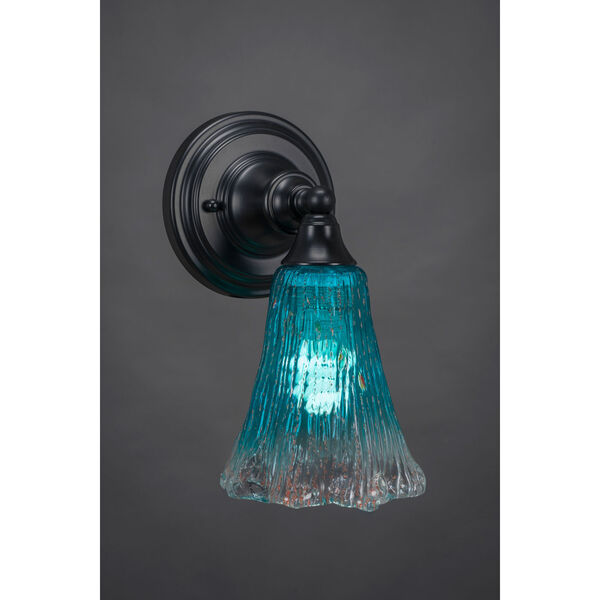 Matte Black Wall Sconce with 5.5-Inch Fluted Teal Crystal Glass, image 1