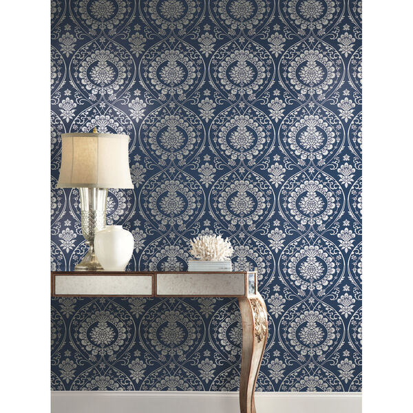 Damask Resource Library Navy and Silver 27 In. x 27 Ft. Imperial Wallpaper, image 1