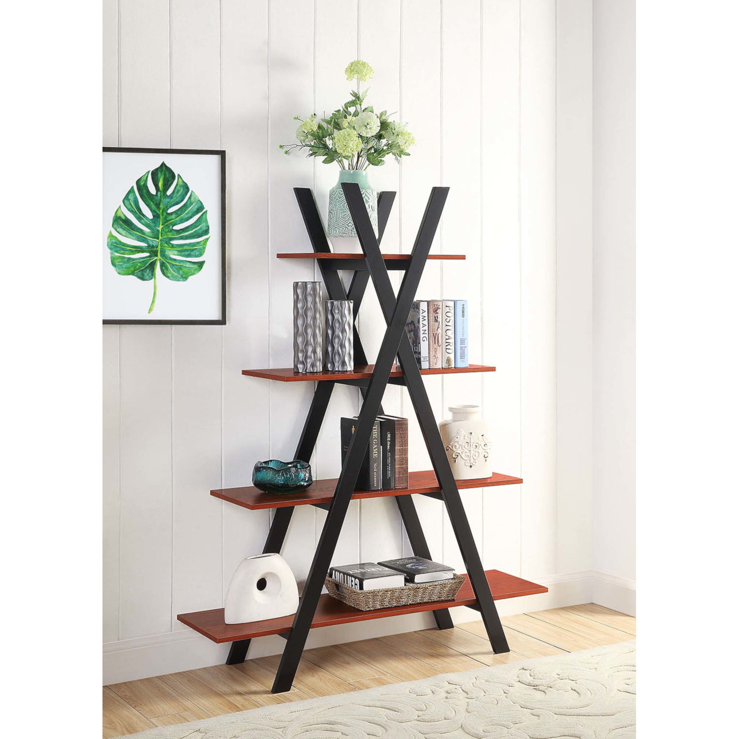 "A" Frame Ladder Bookshelf 4-Tier Bookcase Open Shelving Oxford Furniture Black 