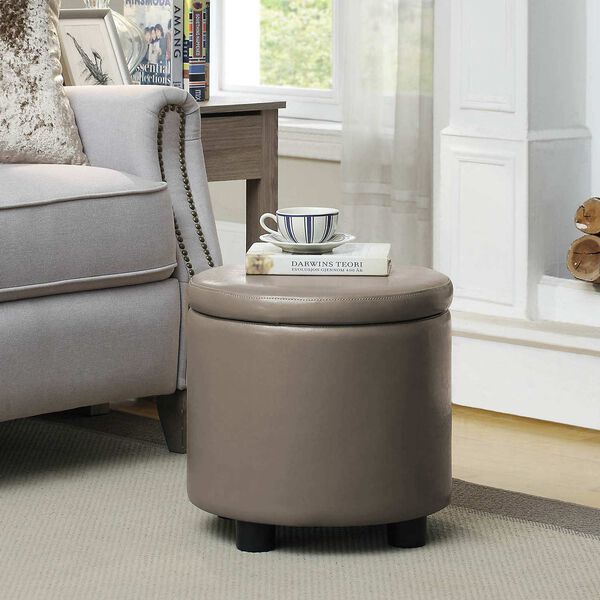 Designs4Comfort Taupe Gray Faux Leather Round Accent Storage Ottoman, image 2