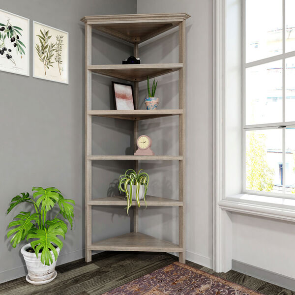 Washed Grey 5-Tier Corner Wooden Bookcase, image 3