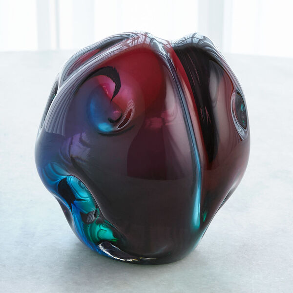 Ruby and Turquoise Art Glass Dimpled Sphere, image 2