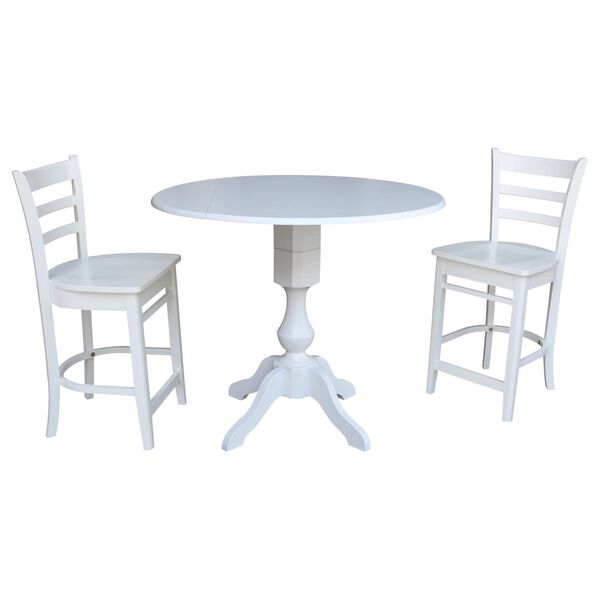 White 36-Inch High Round Pedestal Counter Height Drop Leaf Table with Stools, 3-Piece, image 3