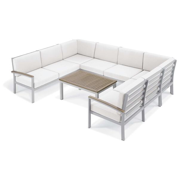 Travira Eggshell White Seven-Piece Outdoor Loveseat and Table Chat Set, image 1
