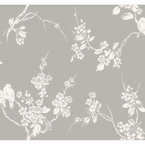 Silhouettes Gray White Imperial Blossoms Branch Wallpaper, image 2