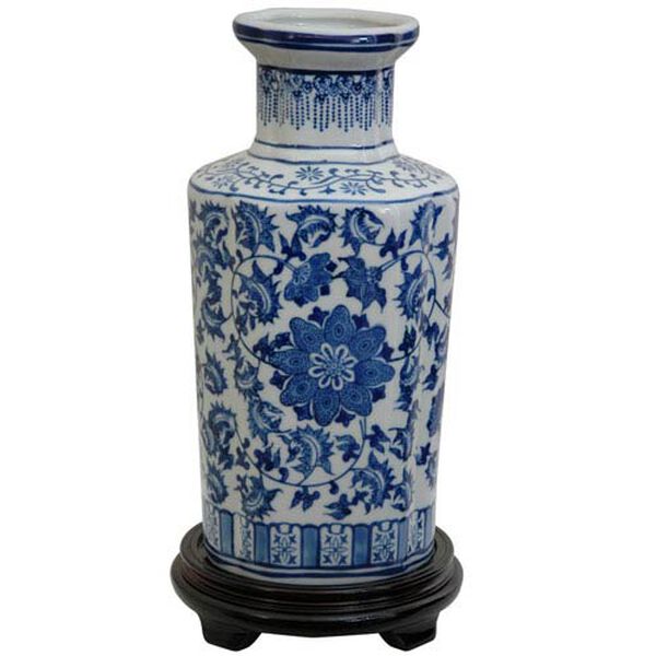 12 Inch Porcelain Vase Blue and White Floral, Width - 6 Inches, image 1