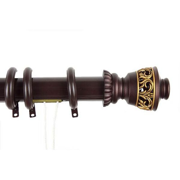 Elite Mahogany 84 to 156 Inch Decorative Traverse Rod w/ Rings Lattice Finial, image 1