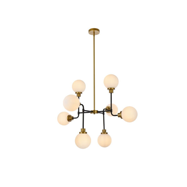 Hanson Black and Brass and Frosted Shade Eight-Light Pendant, image 1