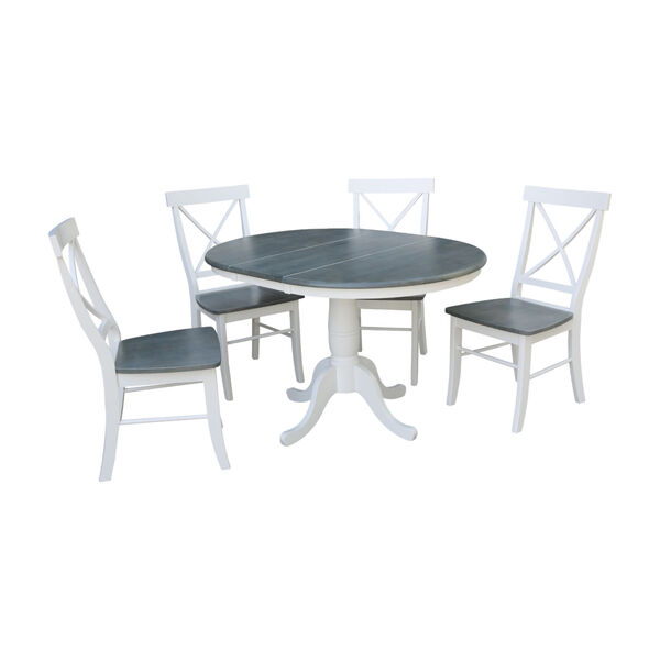 White and Heather Gray 36-Inch Round Extension Dining Table With Four X-Back Chairs, Five-Piece, image 1