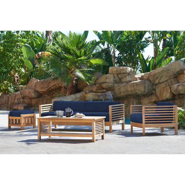 Summer Natural Teak Five-Piece Outdoor Deep Seating set with Subrella Navy Blue Cushion, image 2