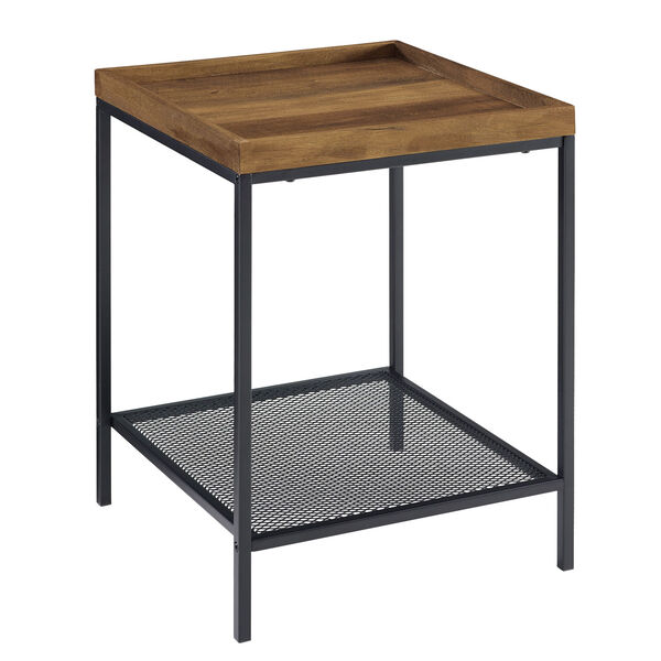 18-Inch Rustic Oak Square Tray Side Table with Mesh Metal Shelf, image 1