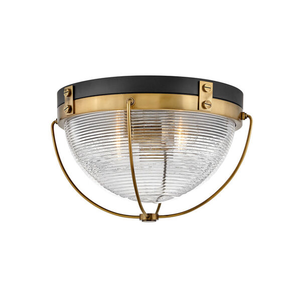 Crew Heritage Brass Two-Light Foyer Flush Mount With Clear Ribbed Glass, image 2