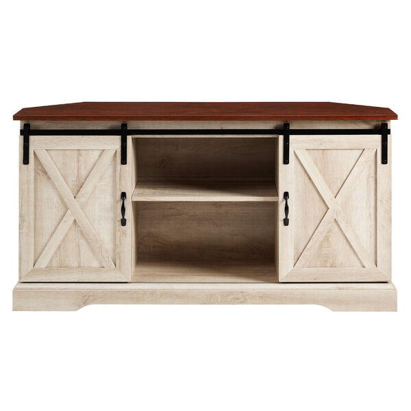 Traditional Brown and White Oak Sliding Barn Door Corner TV Stand, image 2