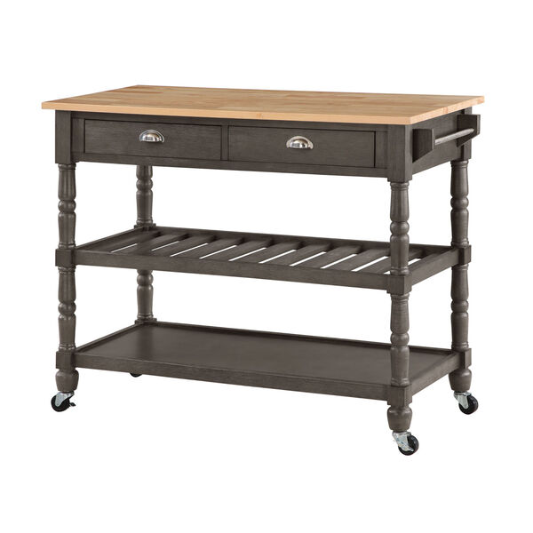French Country Wirebrush Dark Gray Butcher Block Three-Tier Butcher Block Kitchen Cart with Drawers, image 2