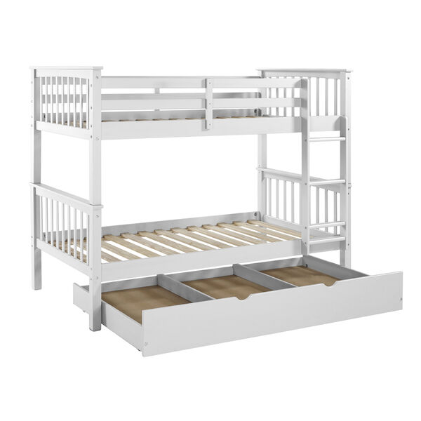 Solid Wood Twin Bunk Bed with Trundle Bed - White, image 2